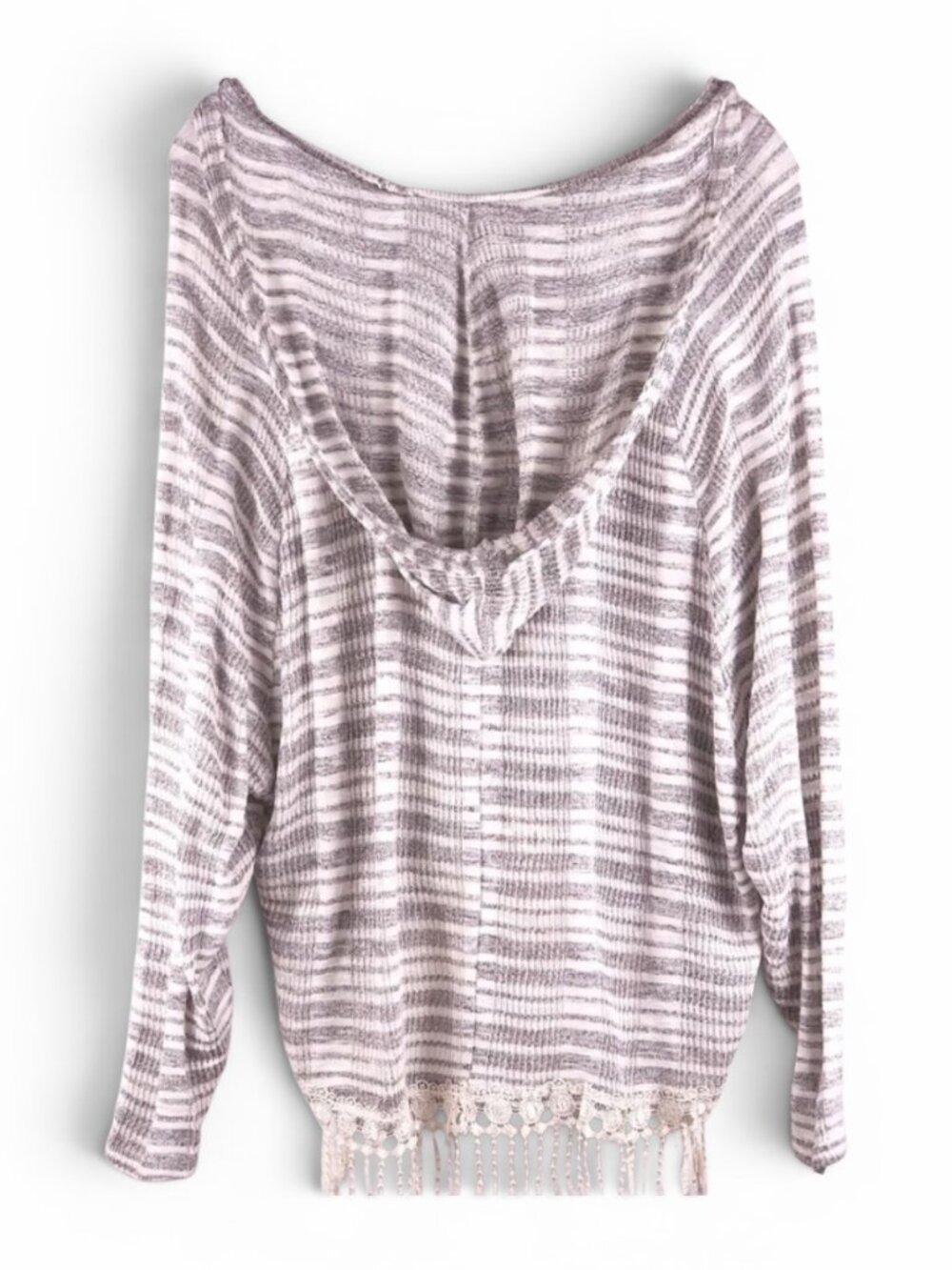 POOF Gray White Striped Lightweight Hooded Fringe Pullover Cover Up Small - Picture 3 of 9